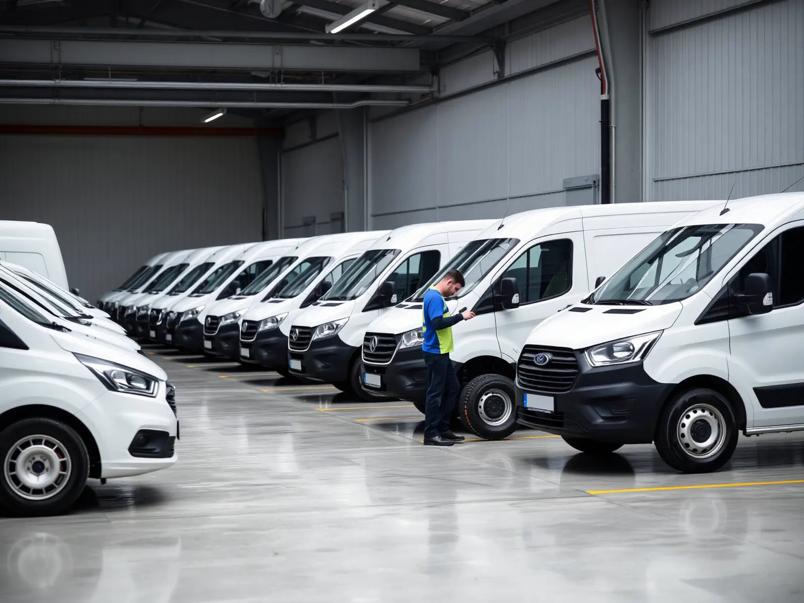 Technik kontroluje hĺbku dezénu na kolese firemnej dodávky v rade odstavených vozidiel