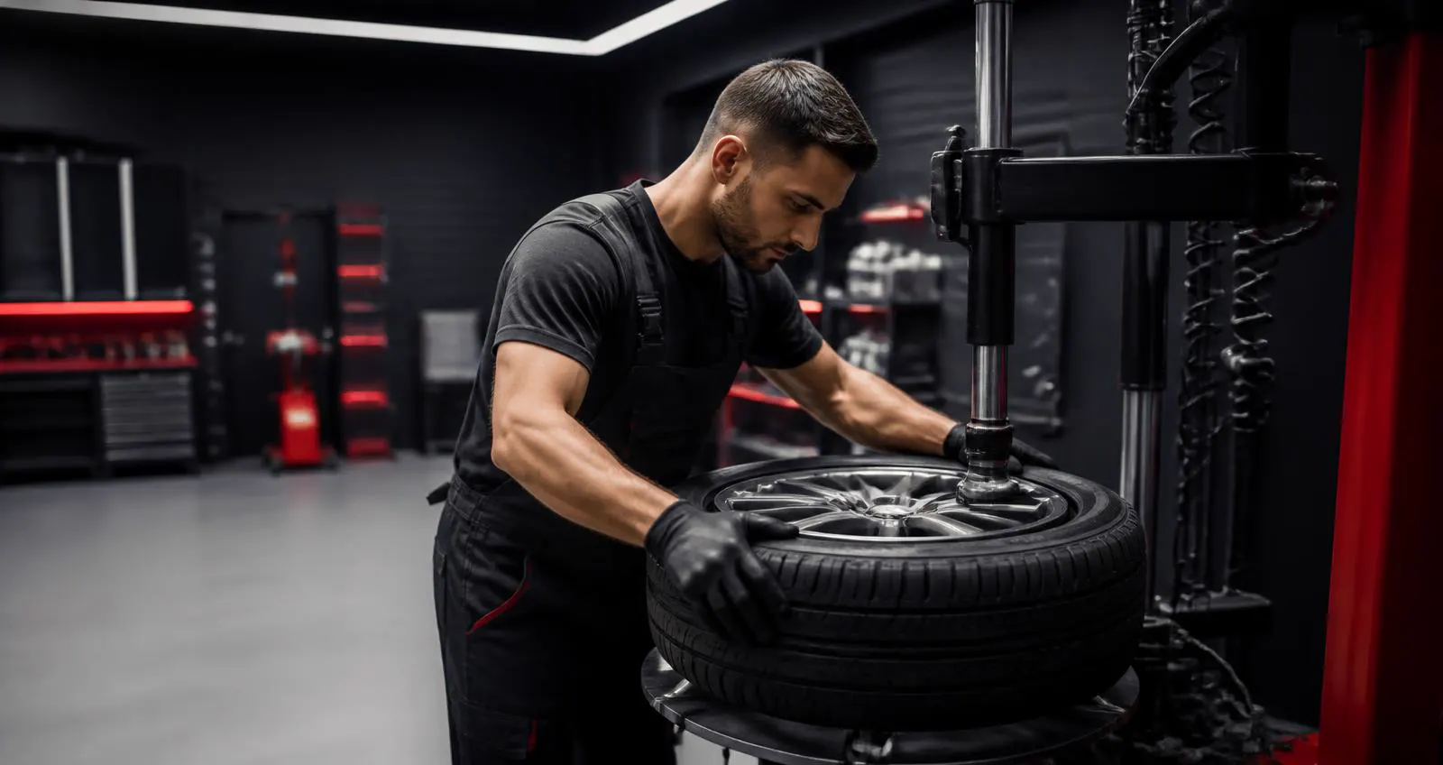 Mechanik demontuje koleso auta na zdviháku v pneuservise